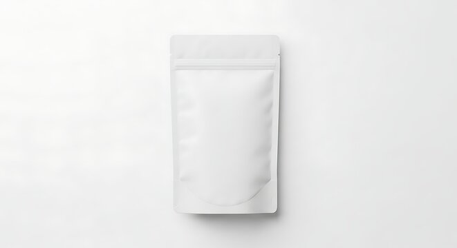 Top view of blank white standing zipper pouch mockup on white background