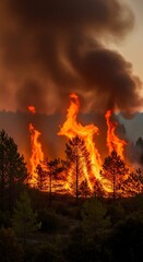A forest fire with flames and smoke