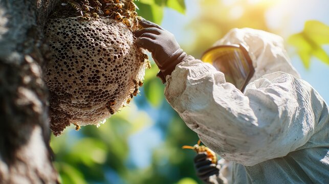 Pest control professional removing wasp nest from tree