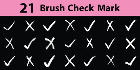 21 set of crayon grunge check mark elements. Brush, marker drawn check mark and cross icon set Collection of hand drawn doodle tick symbol, chalk checkmark illustration. © Hike Studio 444