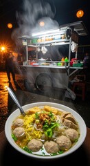 Delicious Indonesian Meatball Soup Served at Night.