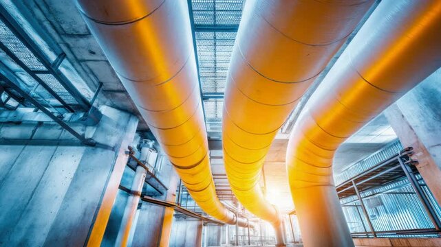 Industrial pipes and infrastructure with warm sunlight and detailed texture
