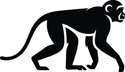 Stylized black silhouette illustration of monkey walking on all fours with long curved tail and distinct facial outline, ideal for wildlife, nature, logo, and educational design  black silhouette © MstNur