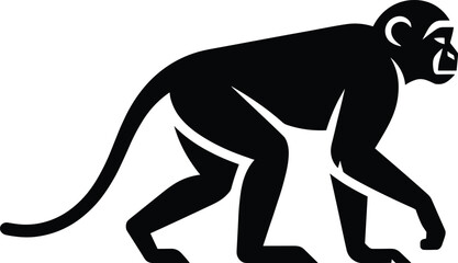 Stylized black silhouette illustration of monkey in walking posture with long curved tail and simplified facial outline, ideal for wildlife, nature, logo, and educational design projects © MstNur