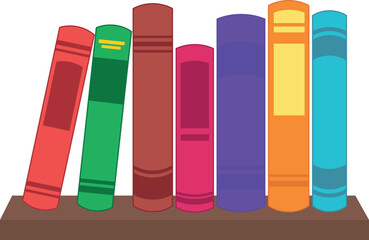 Colorful collection of six books standing upright on a brown shelf © Never Look Back