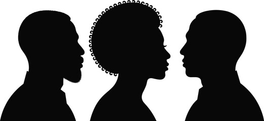 Black silhouette illustration of three diverse male profiles with beard, curls, and clean-shaven head, emphasizing hairstyle variety, minimalistic design, and artistic representation