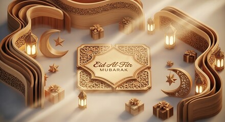 Eid al-Fitr Mubarak celebration with golden crescent moon, stars, and lanterns in a festive 3D art scene Whisk 97e69b95380f85cb7494fc149c107109dr.jpg decoration
