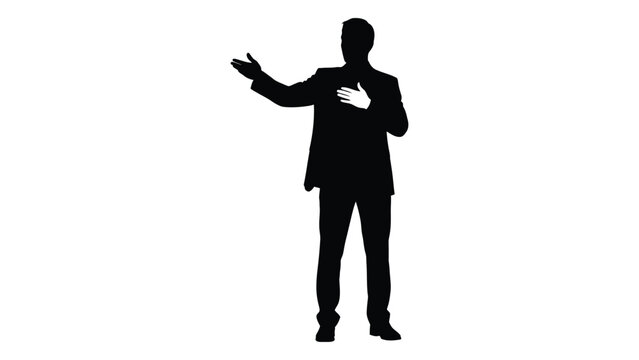 Silhouette of a man in a suit gesturing with an open palm and hand to chest