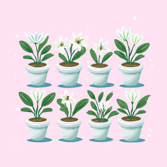 Fototapeta premium Elegant white lily and spring blossom in pink pot set illustration plant for gentle floral wedding decoration