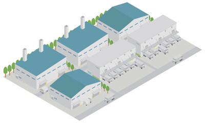 工場や倉庫のある工業団地のアイソメトリックイラスト