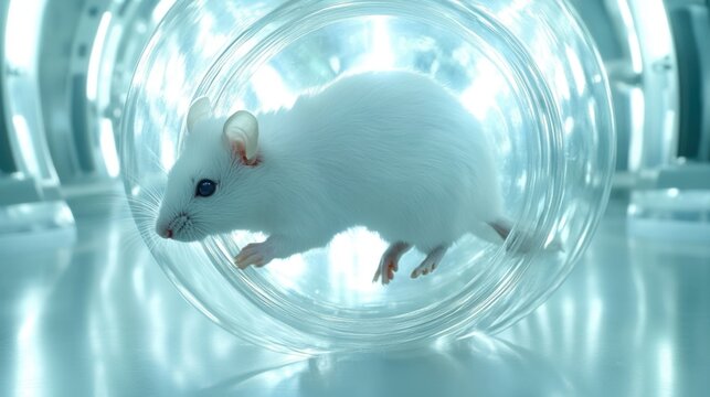 White Rat Running in Laboratory Exercise Wheel