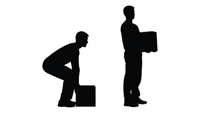 Two silhouettes demonstrate proper and improper lifting techniques with a box