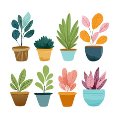 Obraz premium Assorted green leafy shrubs and botanical plants in terracotta pot set illustration plant for classic garden layout