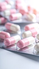 A close-up view of pink and white capsules in blister packs