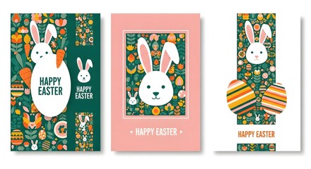 Fototapeta premium Easter cards with bunny and egg designs on colorful backgrounds