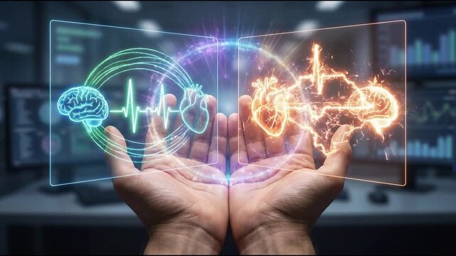 Healthcare technology cardiology atrial fibrillation brain afib futuristic hologram heart medicine neuro cardiac sync interface medical innovation digital monitoring research data visualization