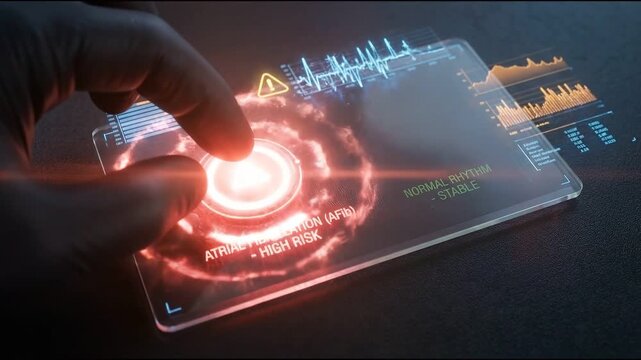 Futuristic medical interface digital health monitor atrial fibrillation afib alert cardiology technology emergency healthcare concept heart rhythm analysis risk warning panel finger presses red