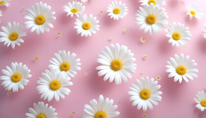 Obraz premium White daisies with yellow centers scattered evenly on a soft pink background, creating a cheerful and delicate floral pattern.