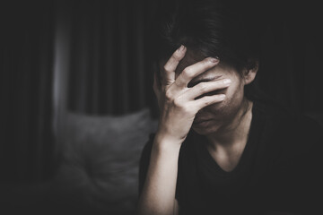 Obraz premium stop violence against Women. A woman holds up her hand in a stop gesture, looking distressed, symbolizing the fight against violence and abuse. ,sexual abuse, human trafficking