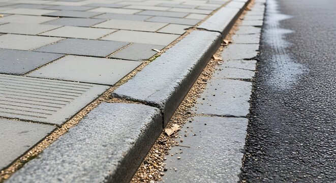 Wet Sidewalk and Curb Closeup View.