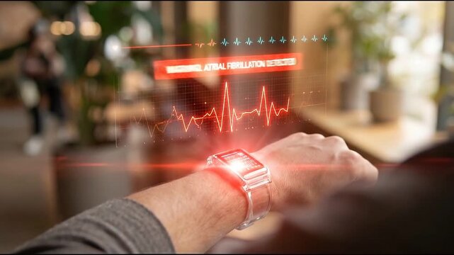Futuristic smartwatch health monitor for atrial fibrillation afib tracking on adult male wrist and hand in modern cafe environment showing digital heart rhythm data stress biorhythm glow interface