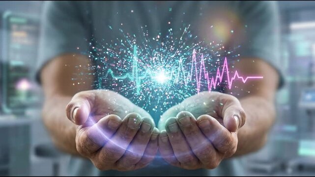 Healthcare cardiology atrial fibrillation heartbeat heart arrhythmia medical technology innovation glowing digital heartbeat hologram futuristic hospital, advanced cardiology atrial fibrillation