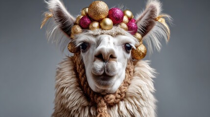 Fototapeta premium A Festively Adorned Alpaca with Colorful Decorations on Its Head, Exuding an Air of Charm and Whimsy in a Studio Background