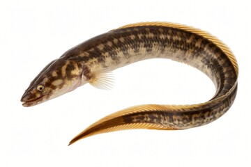  A long fish with a patterned brown body curves across the frame. It resembles a lamprey or an eel with a continuous fin running along its back. 