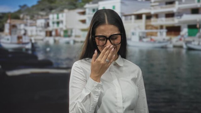 Woman with large glasses covering her mouth while laughing by boats near a building at the port; amusement.
