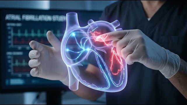 Atrial fibrillation afib heart anatomy medical doctor hand glove touch hologram electric impulse cardiology research hospital monitor blue light irregular heartbeat glowing blood vessel healthcare