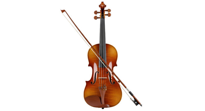Acoustic violin and bow, a classic string instrument with rich wood grain, isolated on a transparent background