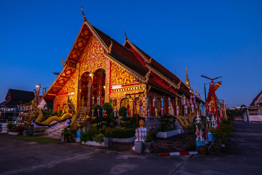 Chiang Rai, Thailand - November 28 2025 : External view of the Wat Jed Yod temple during sunset at Chiang Rai, Thailand.