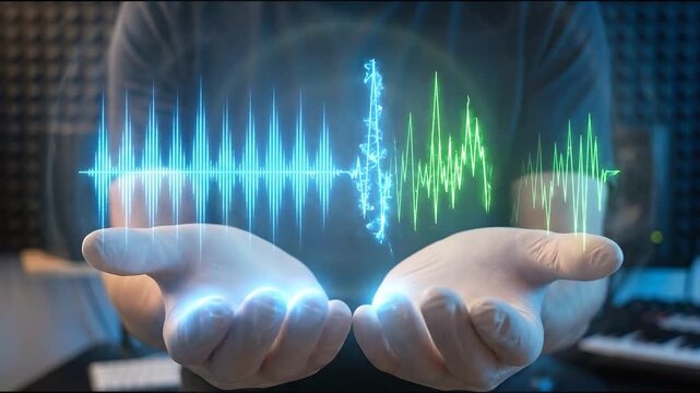 Futuristic sound wave audio waveform digital sound medical technology atrial fibrillation heartbeat monitor cardiology healthcare sound analysis innovation science high tech wave green glowing heart