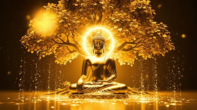 A radiant golden buddha statue meditates under a glowing bodhi tree, celebrating buddha purnima with spiritual light.