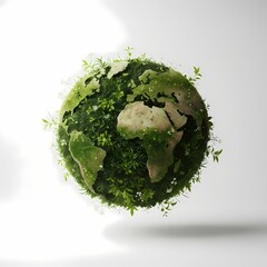 A 3D representation of Earth covered in lush green foliage and plants.