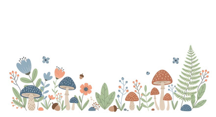 Fototapeta premium Minimalist nursery botanical vector with mushrooms, leaves and gentle forest elements.