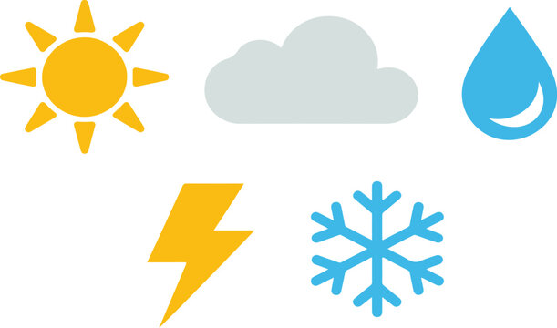 Weather Icon Collection on Black Background &ndash; Sun, Cloud, Rain, Lightning and Snow