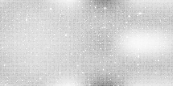 Silver mosaic disco ball background with white mirror glitter and light spots texture. Shiny grey tones sequin pattern. Festive fashion decoration. Glam sparkle Christmas wall. Vector illustration.