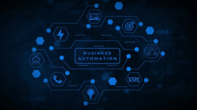 Digital network diagram with interconnected blue hexagons and a central rectangular frame against a dark blurred background representing technology and data flow
