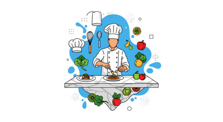 Fototapeta premium Chef Cooking with Fresh Vegetables and Herbs.