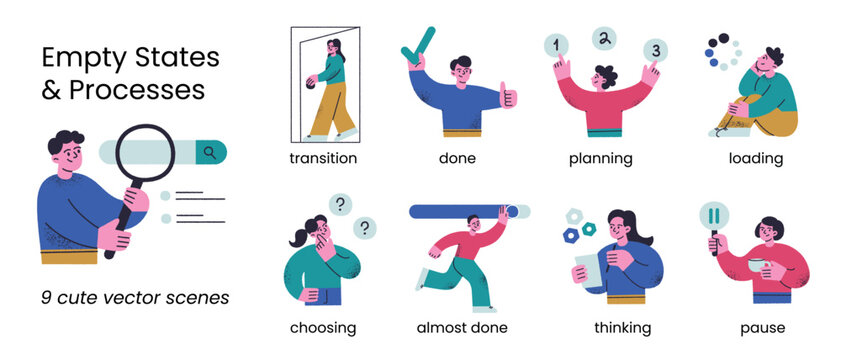 Empty states and process scenes set, cute cartoon characters thinking, searching, waiting. Flat vector illustration about user flow, loading and transition, bright textured style for digital interface