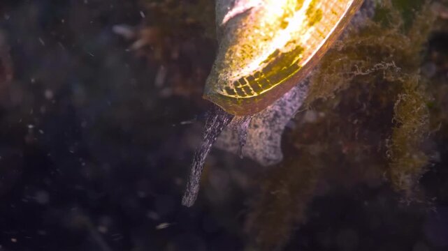 Close-up of a cone snail's siphon extending from its shell amidst marine vegetation