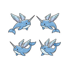Flying narwhals with wings in cartoon style on white background © TahminaStock