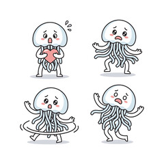 Fototapeta premium Cartoon jellyfish showing different emotions with facial expressions