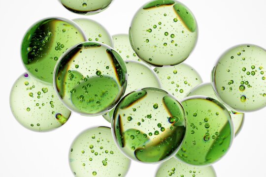 Transparent green spherical molecules or liquid droplets with air bubbles inside on white background, abstract 3D render for biotechnology, healthcare, cosmetic branding and science design
