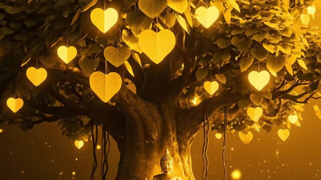 A serene, golden digitally illustrated bodhi tree with glowing heart leaves and buddha, observing buddha purnima.