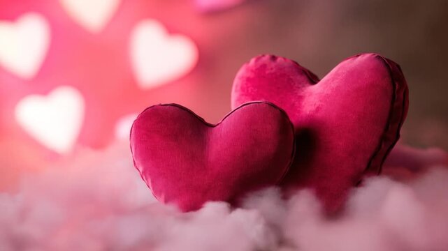Two plush, heart-shaped objects with a cloudy, pink foreground against a blurred, heart-filled background