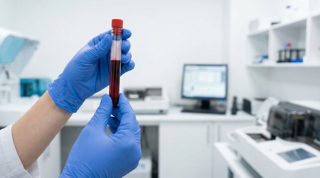 Laboratory technician holding blood sample test tube in blue gloves, clinical specimen analysis in sterile medical lab setting