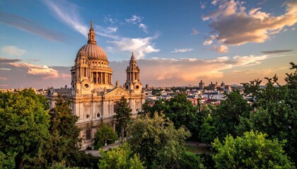 Obraz premium Stunning View of St Pauls Cathedral in London at Sunset with Lush Greenery.