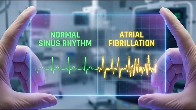 Normal sinus rhythm atrial fibrillation afib cardiology healthcare medical concept hospital technology comparison diagnosis arrhythmia heartbeat electrocardiogram heart monitor split screen lab